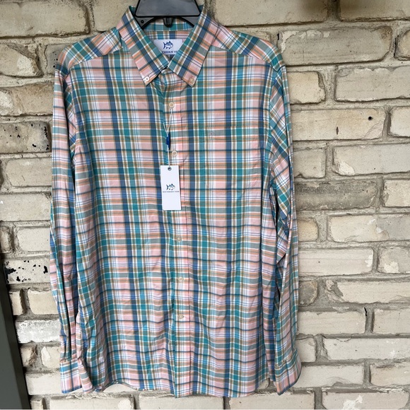 Southern Tide rose blush sky valley plaid long sleeve shirt